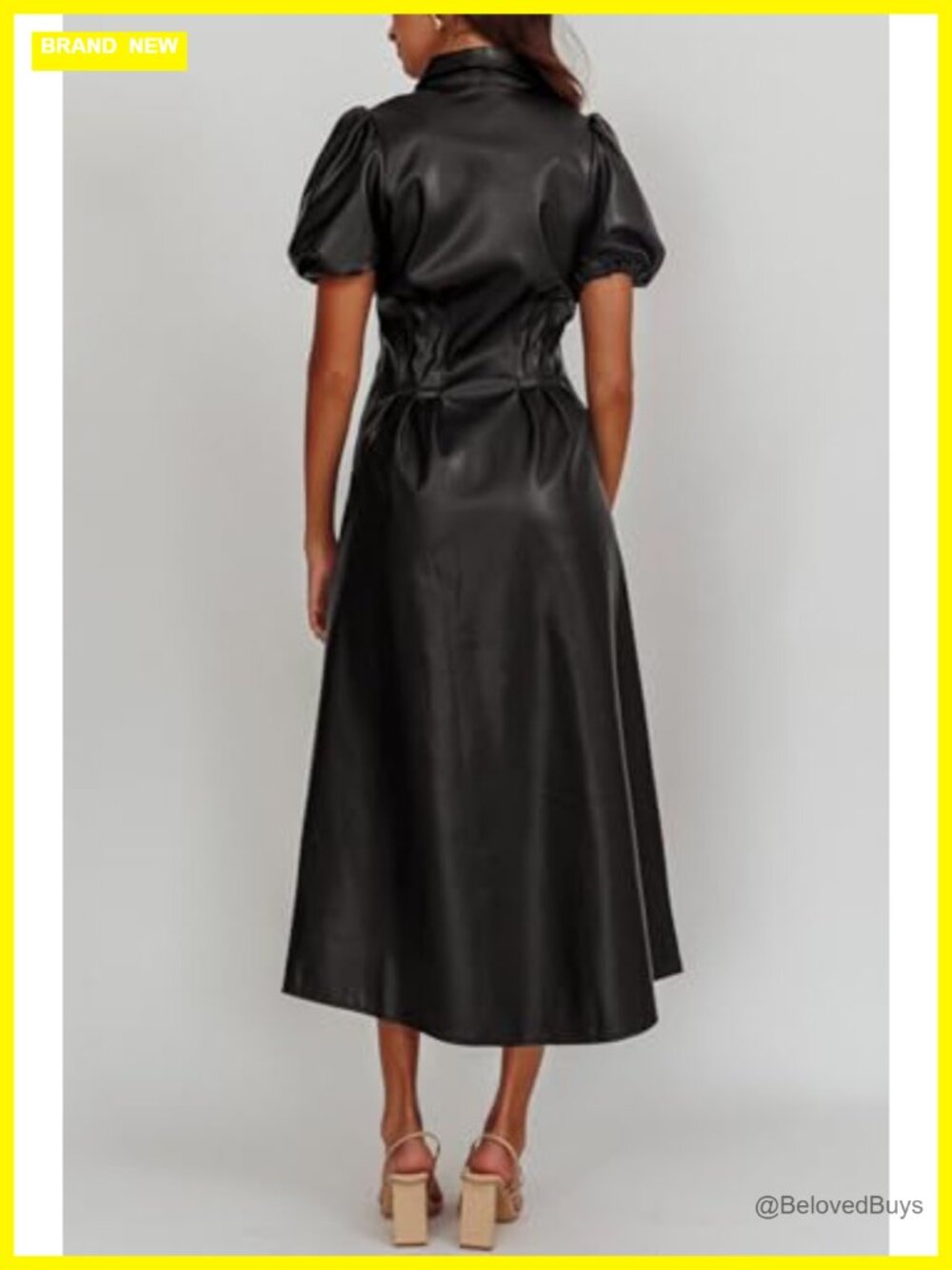 Women's Faux Leather Pleated A-Line Midi Dress - Short Sleeve - Picture 3 of 4